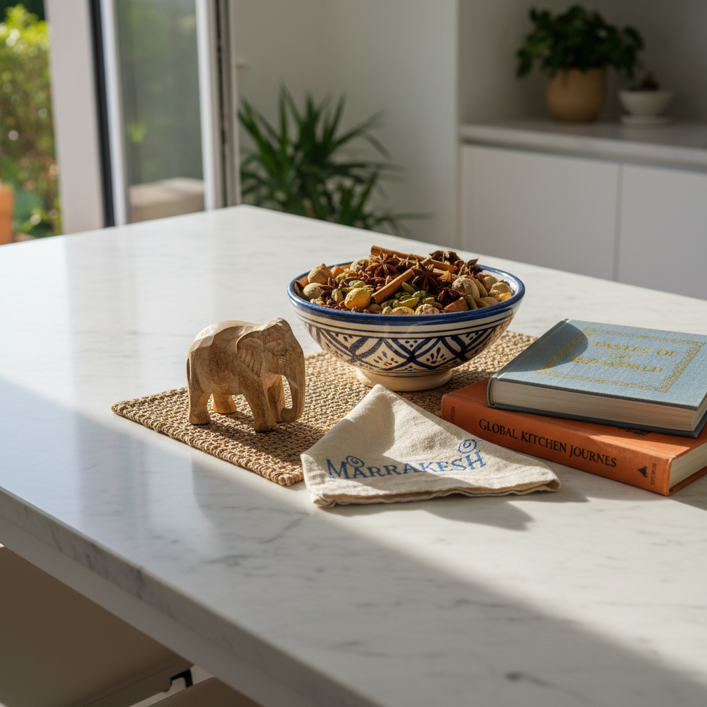 A polished marble kitchen island in a contemporary home filled with travel mementos from around the world: a hand-painted ceramic bowl brimming with fragrant spices, a small carved wooden elephant, a linen napkin embroidered with a distant city’s name, and a neatly stacked pair of cookbooks with worn cloth covers. An open window nearby lets in gentle morning light, creating soft, directional illumination that accentuates the marble’s subtle veining and the varied textures of the objects. Shadows fall delicately across the surface, adding depth without harshness. Captured from a slightly elevated angle with a balanced composition and shallow depth of field that softly blurs the far edge of the room, the photographic realism feels sophisticated, curated, and warmly nostalgic, echoing a life of meals and places loved and remembered.