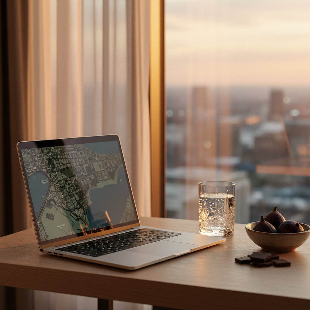 An elegant, minimalist hotel room desk scene featuring a sleek silver laptop displaying a softly blurred map on its screen, a crystal tumbler of sparkling water with tiny bubbles catching the light, and a small stoneware bowl filled with ripe figs and dark chocolate squares. The desk is made from pale oak with a fine grain, positioned beside a tall window overlooking an indistinct urban skyline at dusk. The golden hour glow filters through sheer curtains, creating a warm, diffused light and subtle reflections on the laptop’s metallic surface. Shot at eye level with a subtle wide aperture to keep the foreground sharp and the view slightly softened, the photographic realism conveys a serene, sophisticated atmosphere of planning the next journey while savoring simple, adored comforts.