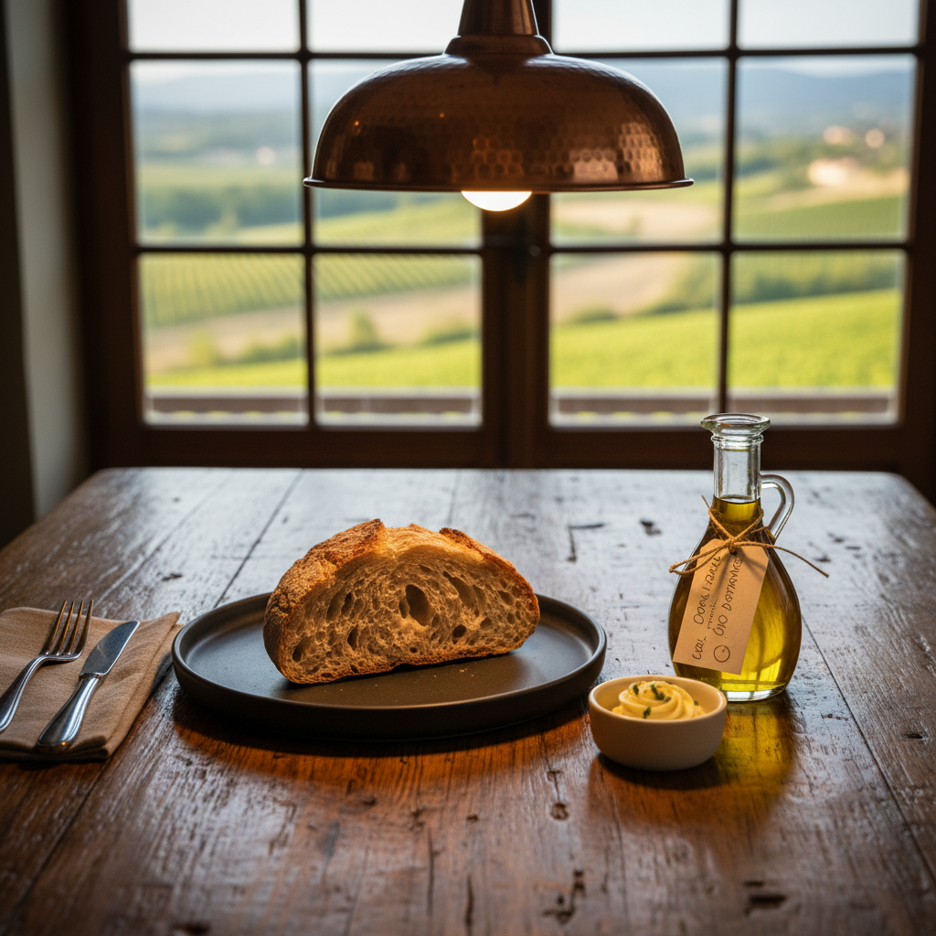 A richly textured wooden dining table in a countryside inn, set with a single matte charcoal plate bearing a beautifully sliced piece of rustic bread, a small ramekin of herb-infused butter, and a delicate glass bottle of local olive oil with a handwritten label. In the background, through a large mullioned window, gentle hills and a patchwork of vineyards blur into soft shapes. Warm pendant lighting above the table mixes with the last traces of golden hour outside, creating layered, inviting illumination and subtle highlights on the glass and cutlery. Composed using the rule of thirds from a slightly oblique angle, the photographic style is refined and intimate, capturing the quiet luxury of savoring locally sourced food that has been genuinely tried, tested, and cherished.